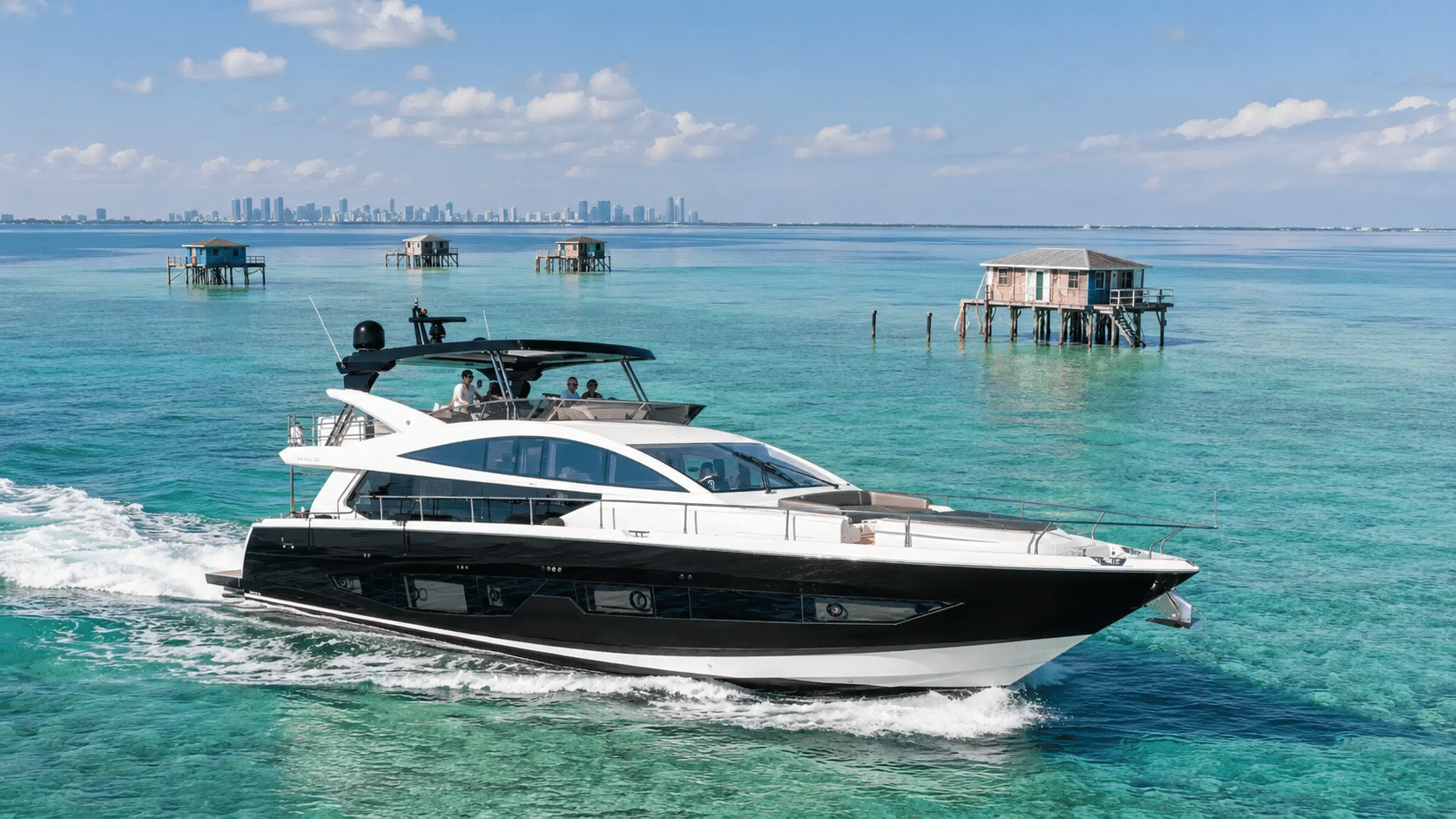 Yacht cruising south past Stiltsville toward the Florida Keys from Miami