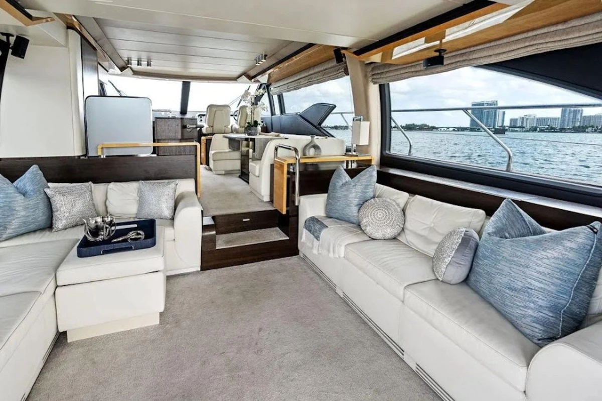 Outdoor dining setup on deck of 70 ft Azimut Le Grand Bleu yacht Miami