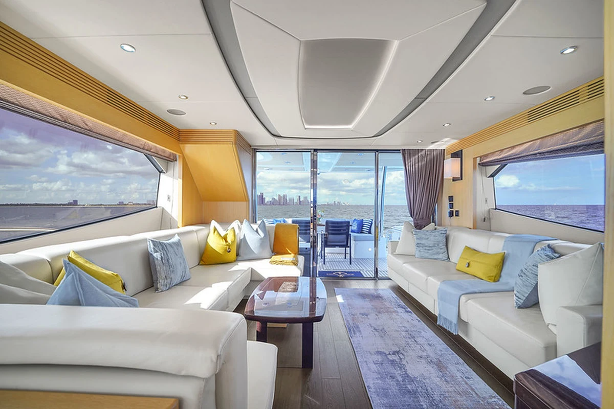Bow sun pads on 76 ft Sunseeker charter Miami