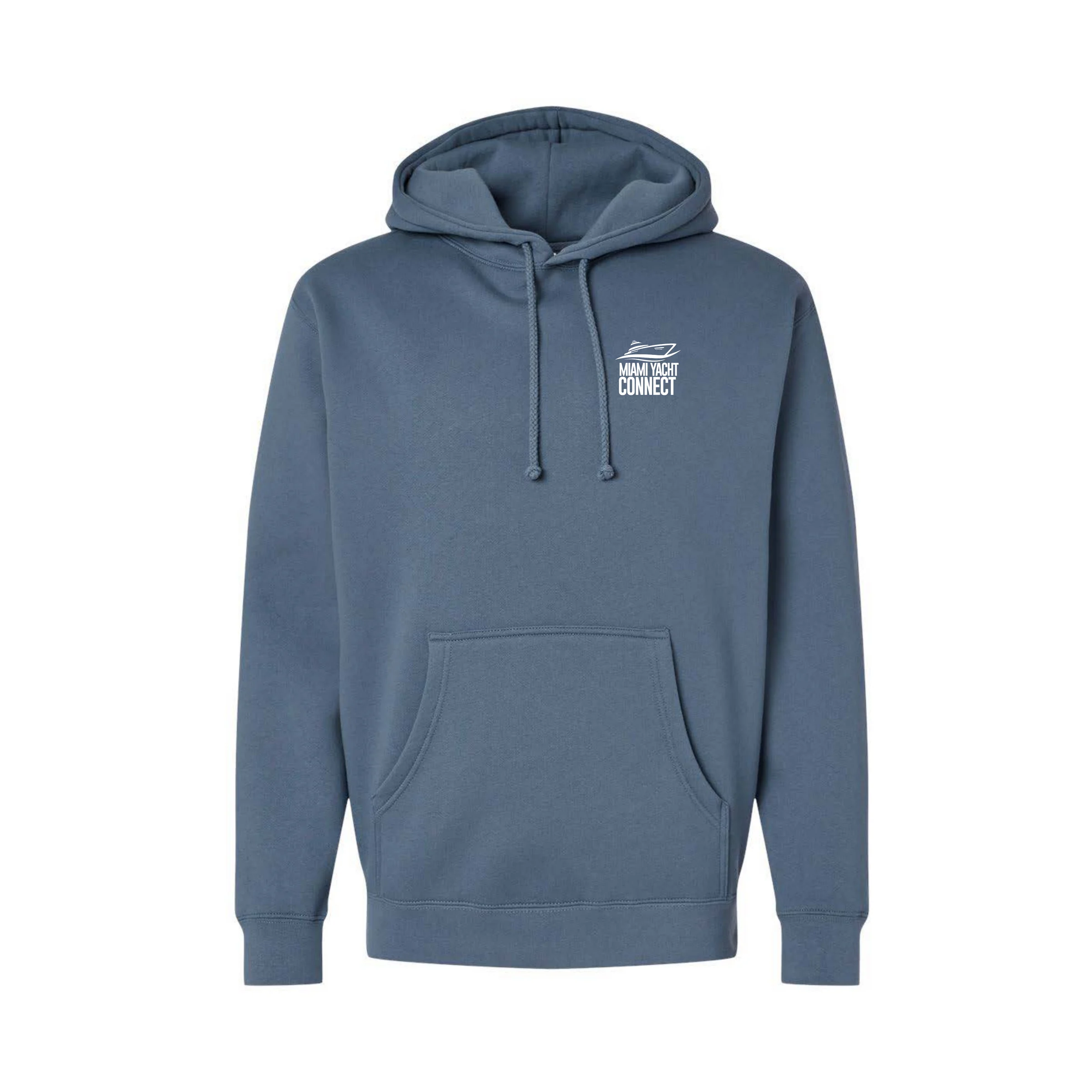 Front of the slate blue You're Gonna Need A Bigger Boat hoodie from Miami Yacht Connect