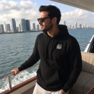The black You're Gonna Need A Bigger Boat hoodie worn on a yacht in Miami