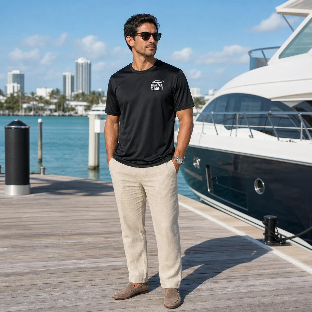 The black You're Gonna Need A Bigger Boat t-shirt worn on a yacht in Miami