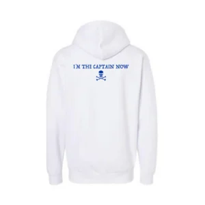 Back of the white I'm The Captain Now hoodie from Miami Yacht Connect