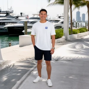 The white I'm The Captain Now t-shirt worn on a yacht in Miami