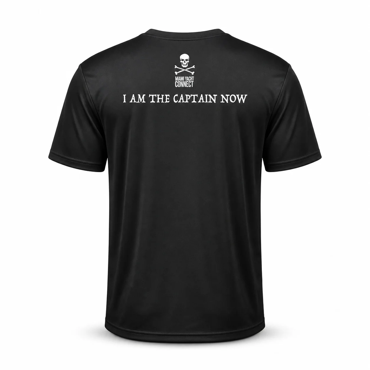 Back of the black I'm The Captain Now t-shirt from Miami Yacht Connect
