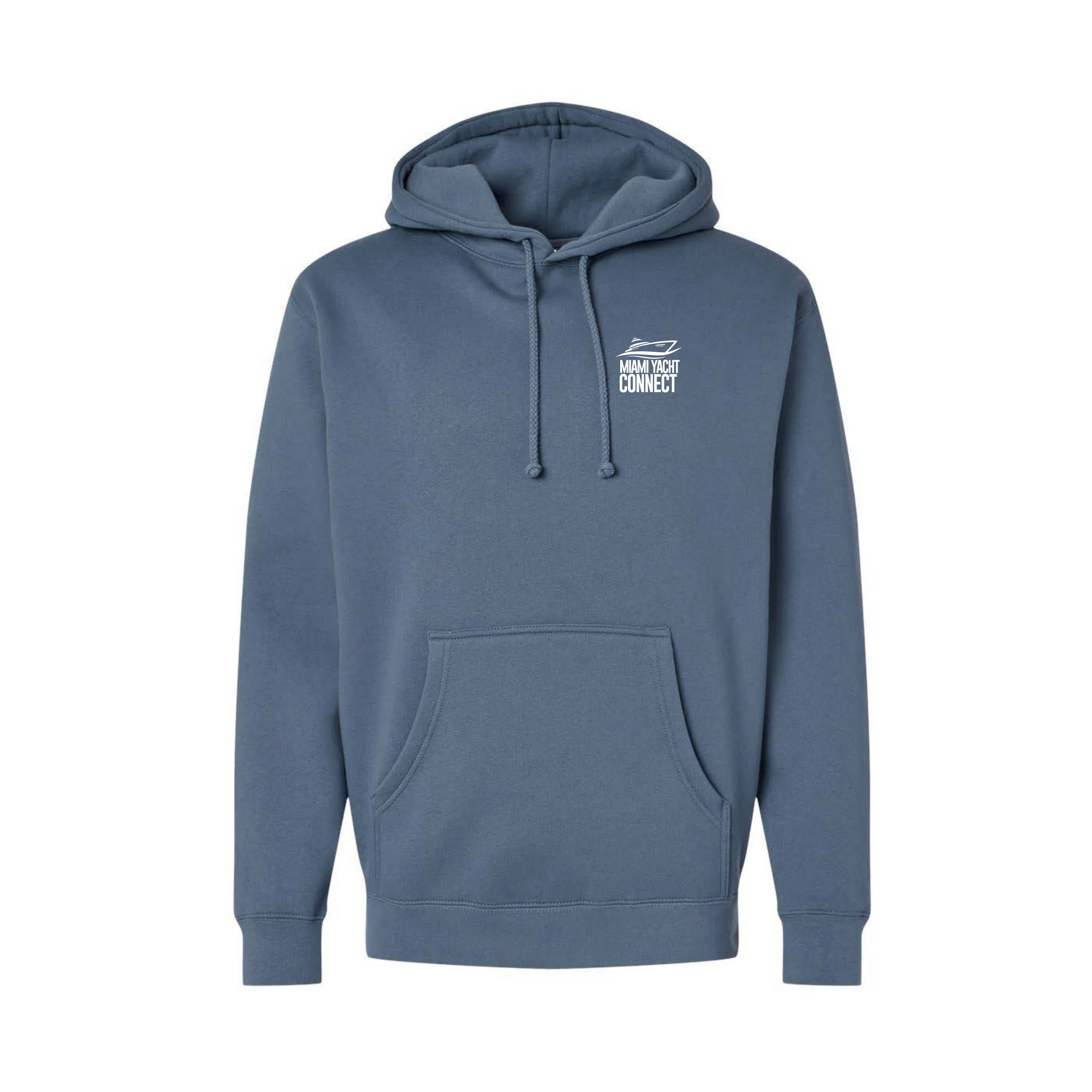 Front of the slate blue #ClosingDeals hoodie from Miami Yacht Connect