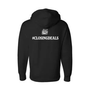 Back of the black #ClosingDeals hoodie from Miami Yacht Connect