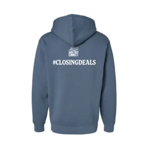 Back of the slate blue #ClosingDeals hoodie from Miami Yacht Connect