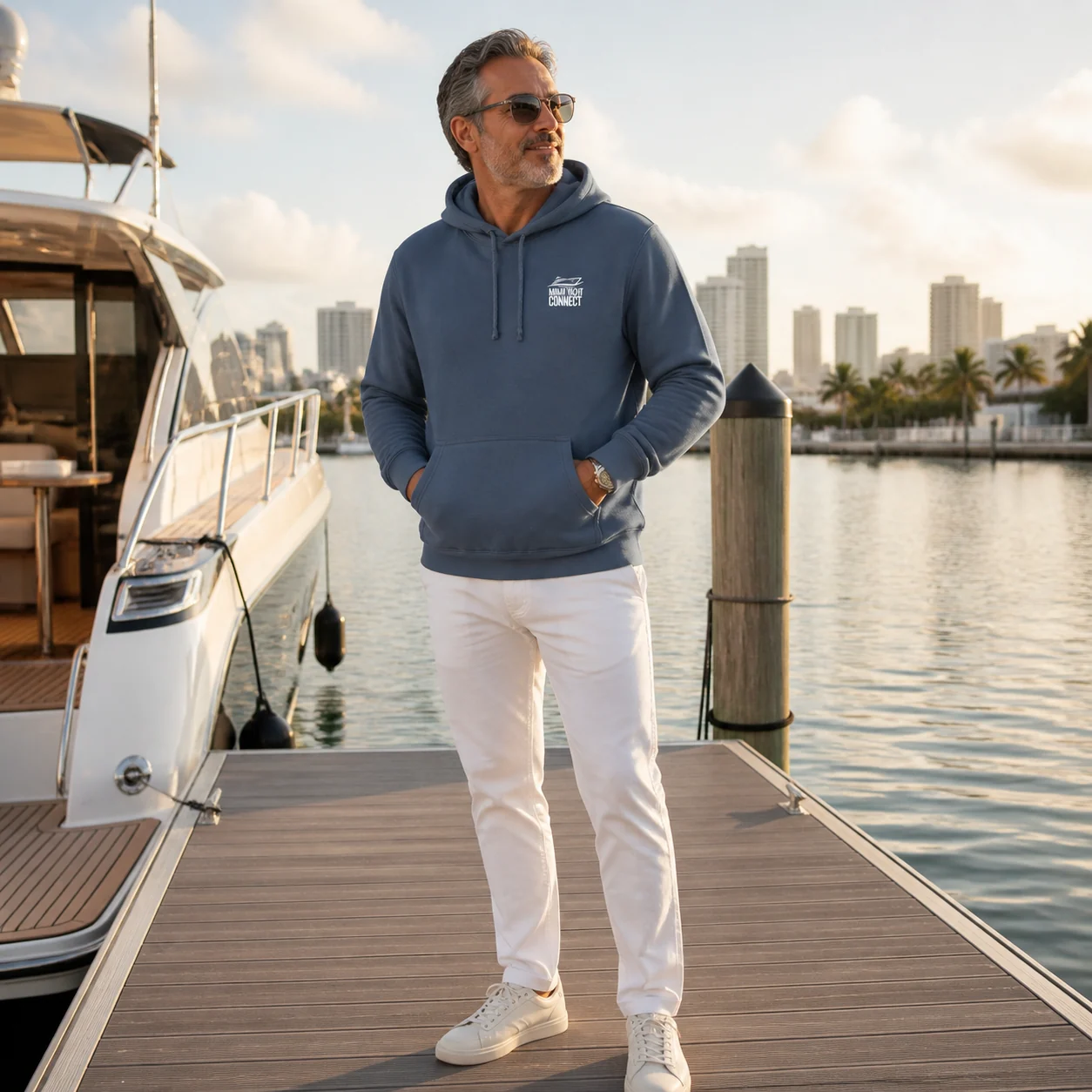 The slate blue #ClosingDeals hoodie worn on a yacht in Miami