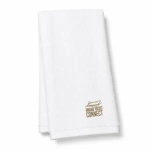 The white Miami Yacht Connect hand towel from Miami Yacht Connect