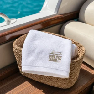 The white Miami Yacht Connect hand towel worn on a yacht in Miami