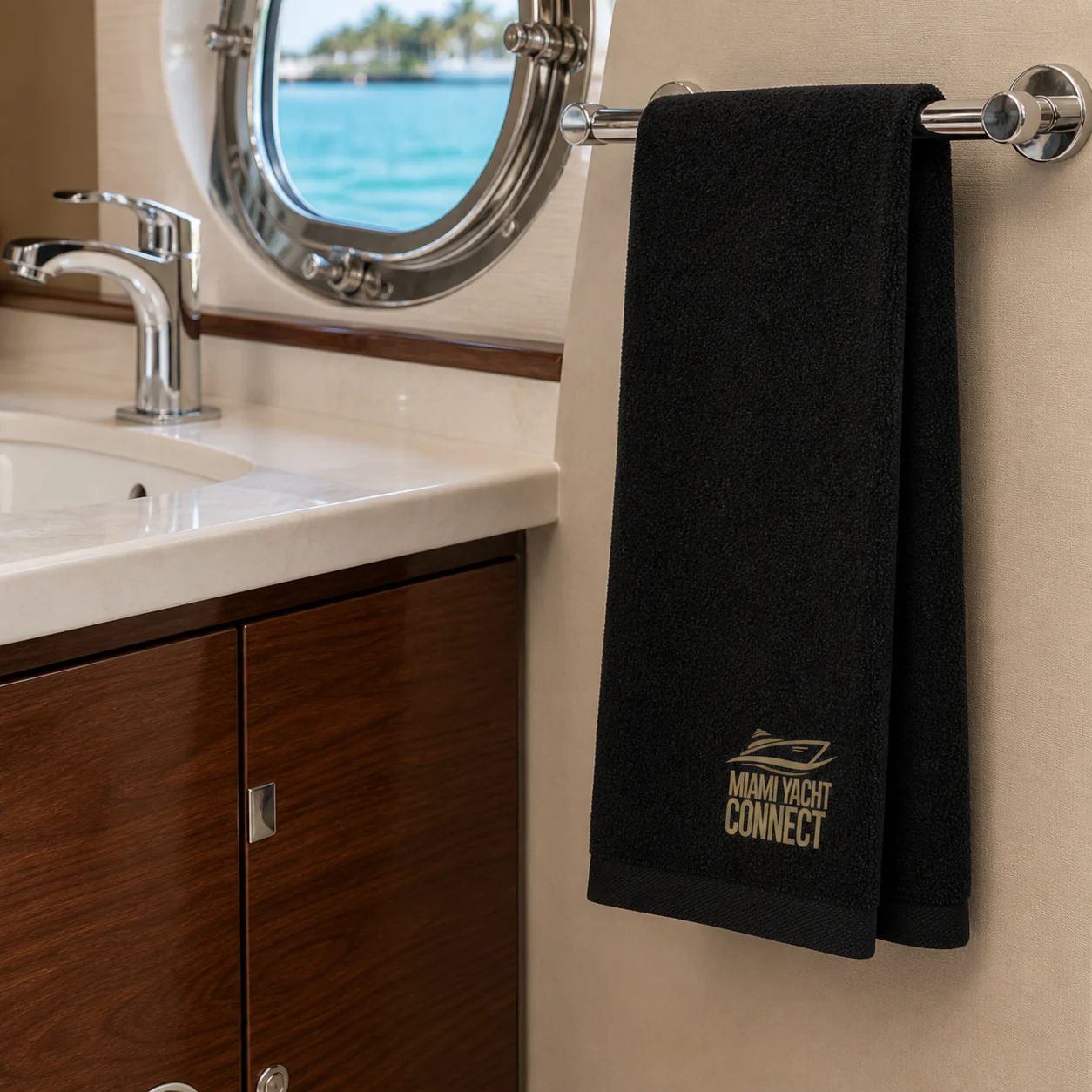 Black Miami Yacht Connect hand towel hanging in a yacht bathroom