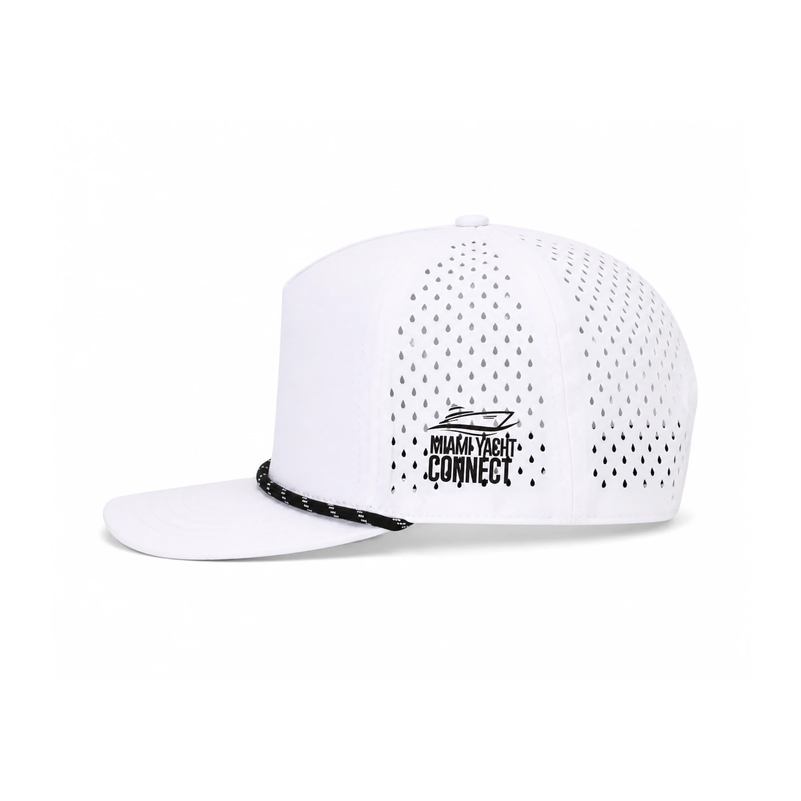 Side view of the white Make Yachting Great Again cap from Miami Yacht Connect
