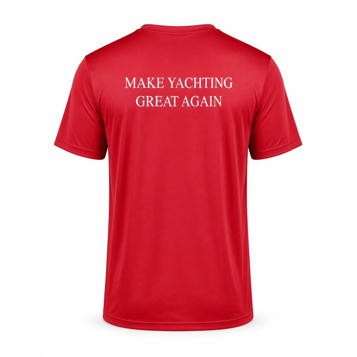 Back of the red Make Yachting Great Again t-shirt from Miami Yacht Connect