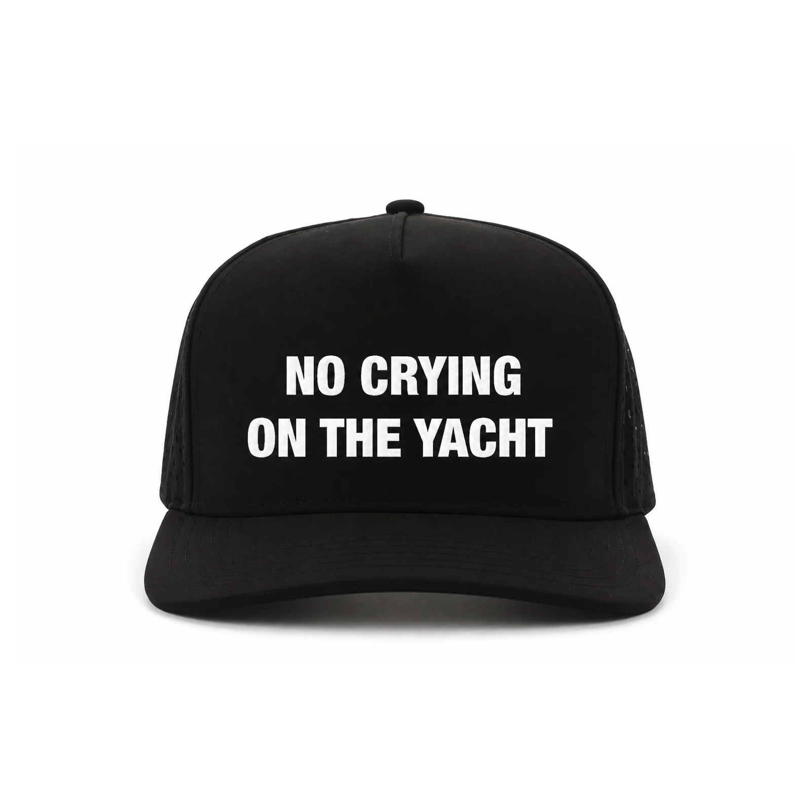 Front of the black No Crying On The Yacht cap from Miami Yacht Connect