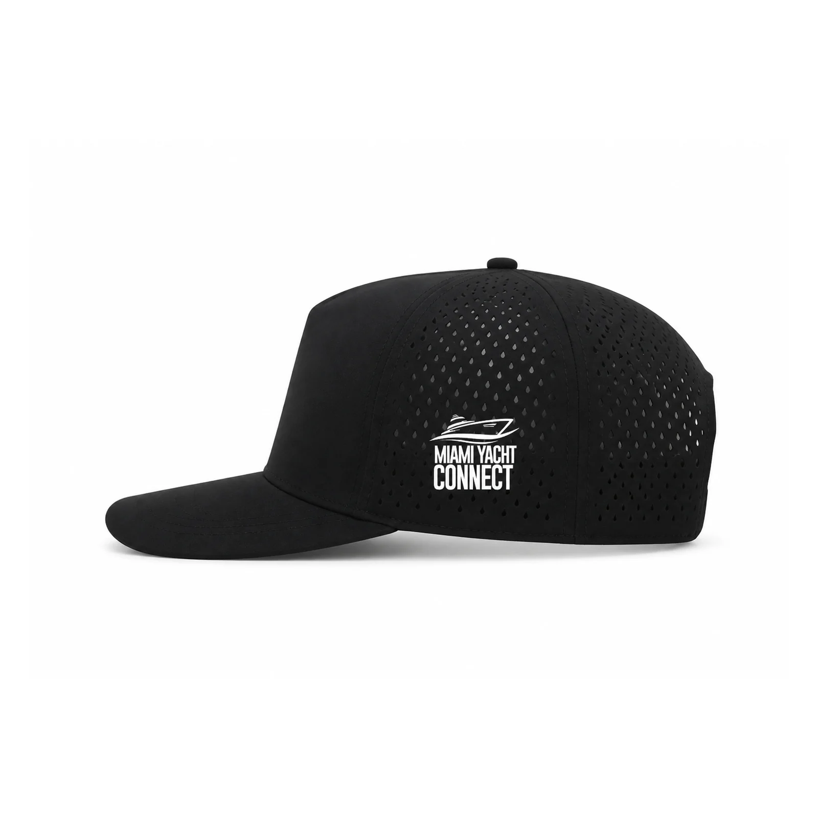 Side view of the black No Crying On The Yacht cap from Miami Yacht Connect