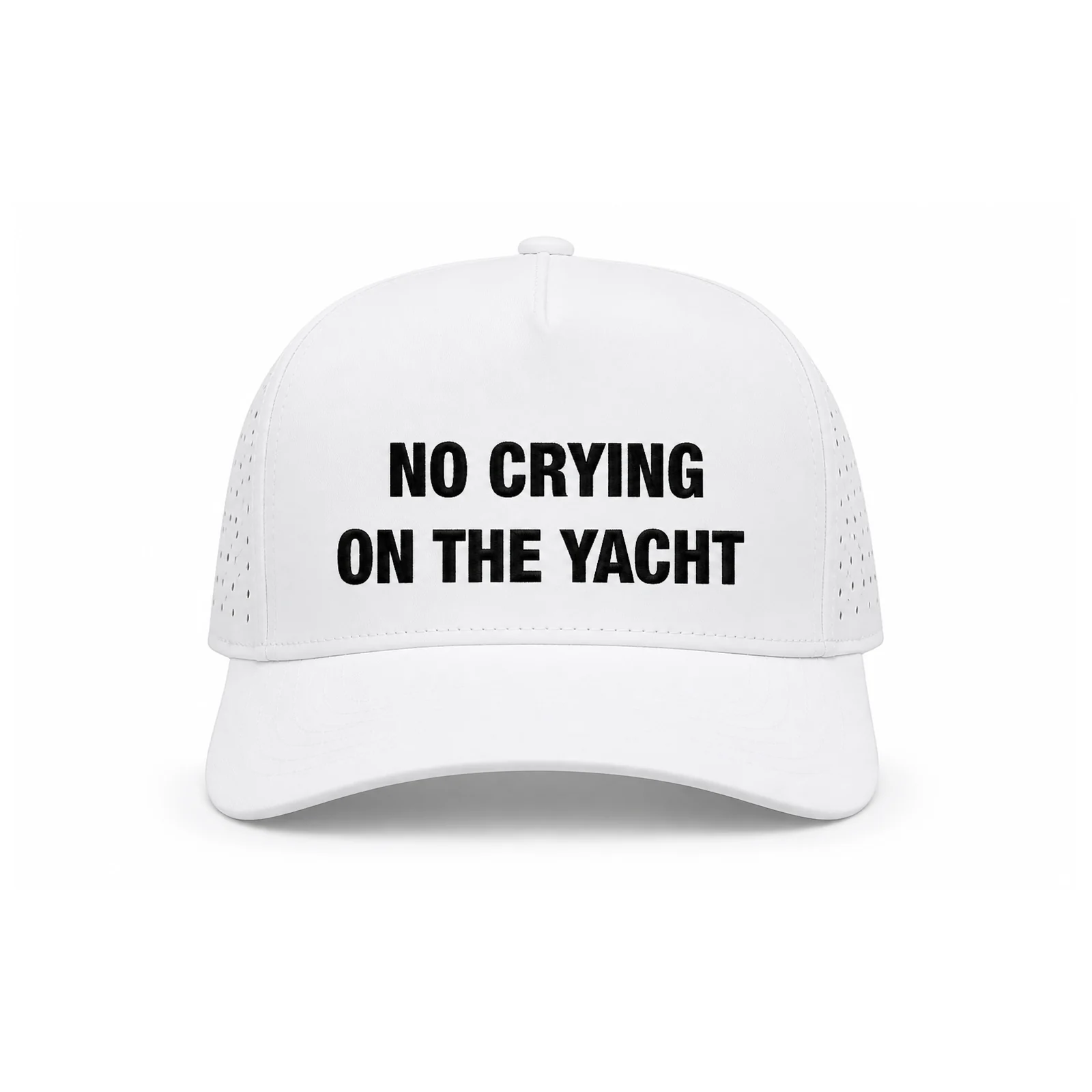 Front of the white No Crying On The Yacht cap from Miami Yacht Connect