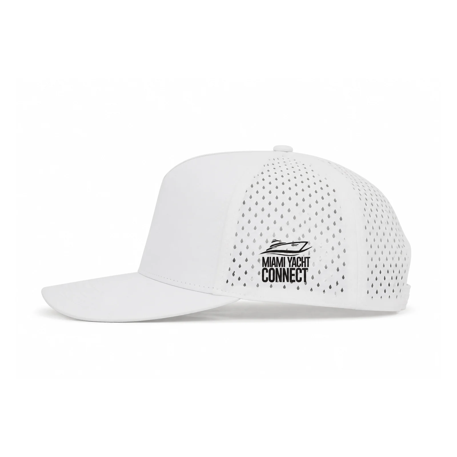 Side view of the white No Crying On The Yacht cap from Miami Yacht Connect