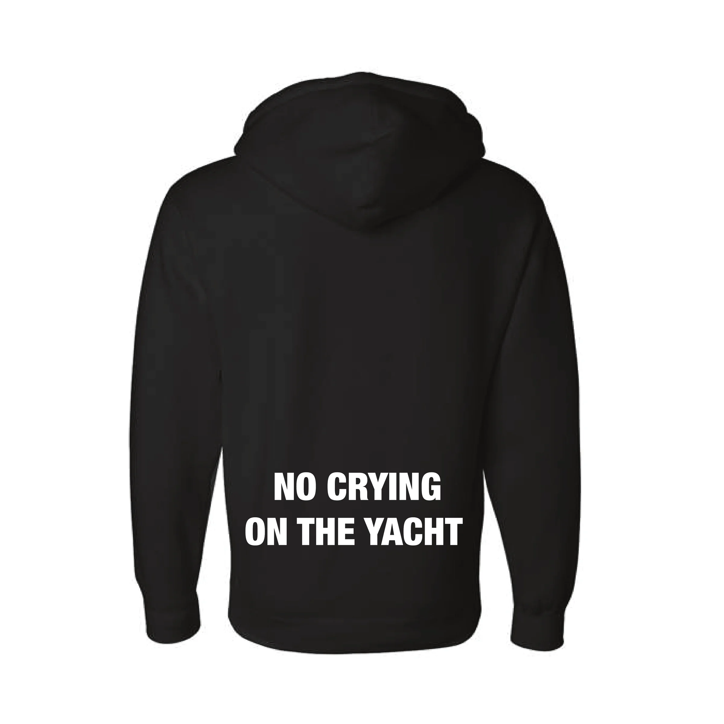 Back of the black No Crying On The Yacht hoodie from Miami Yacht Connect