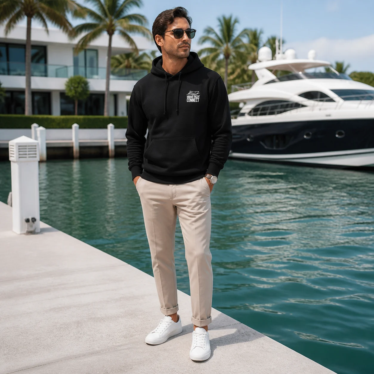 The black No Crying On The Yacht hoodie worn on a yacht in Miami