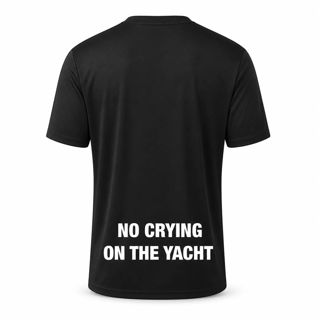 Back of the black No Crying On The Yacht t-shirt from Miami Yacht Connect