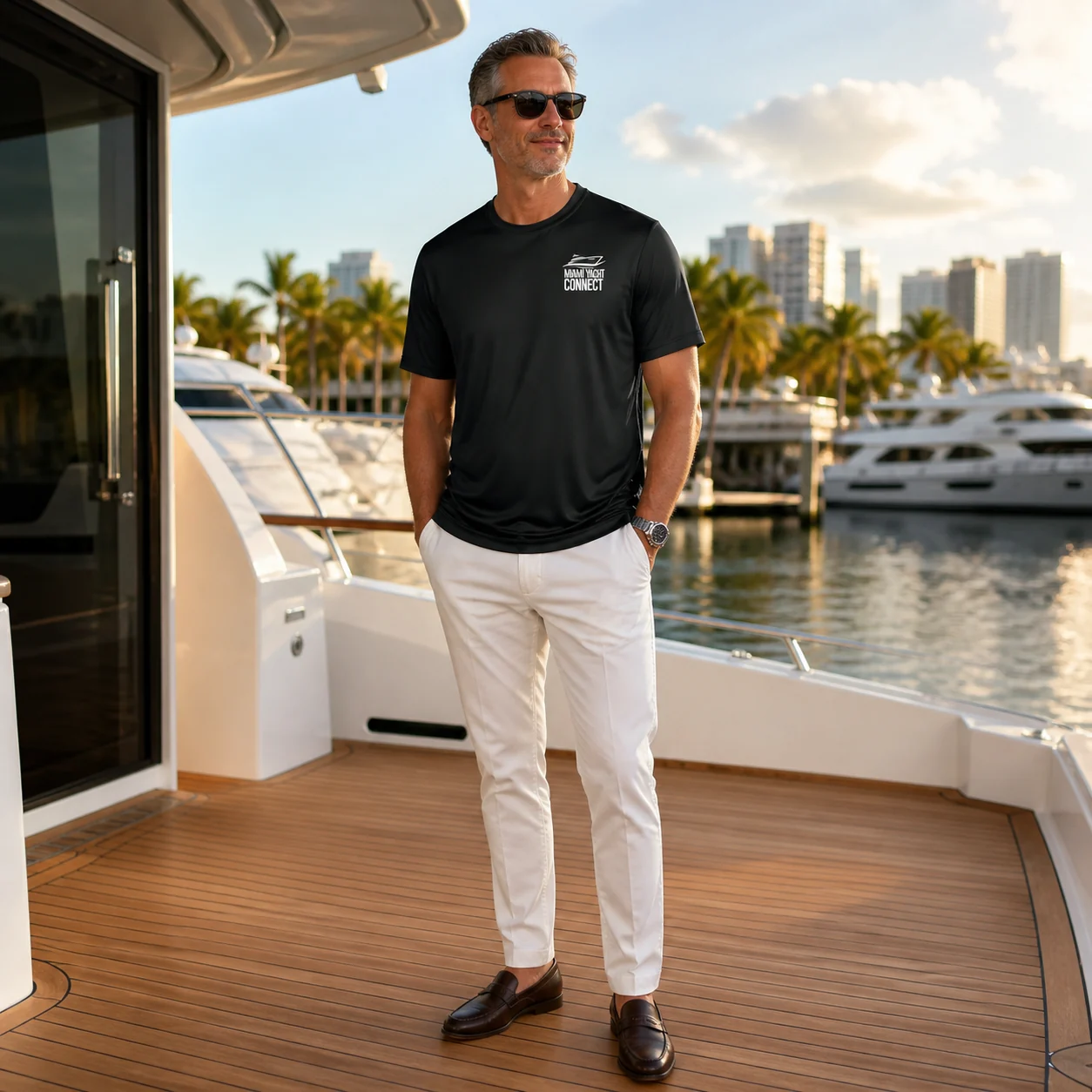 The black What's Your Budget t-shirt worn on a yacht in Miami