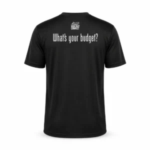 Back of the black What's Your Budget t-shirt from Miami Yacht Connect