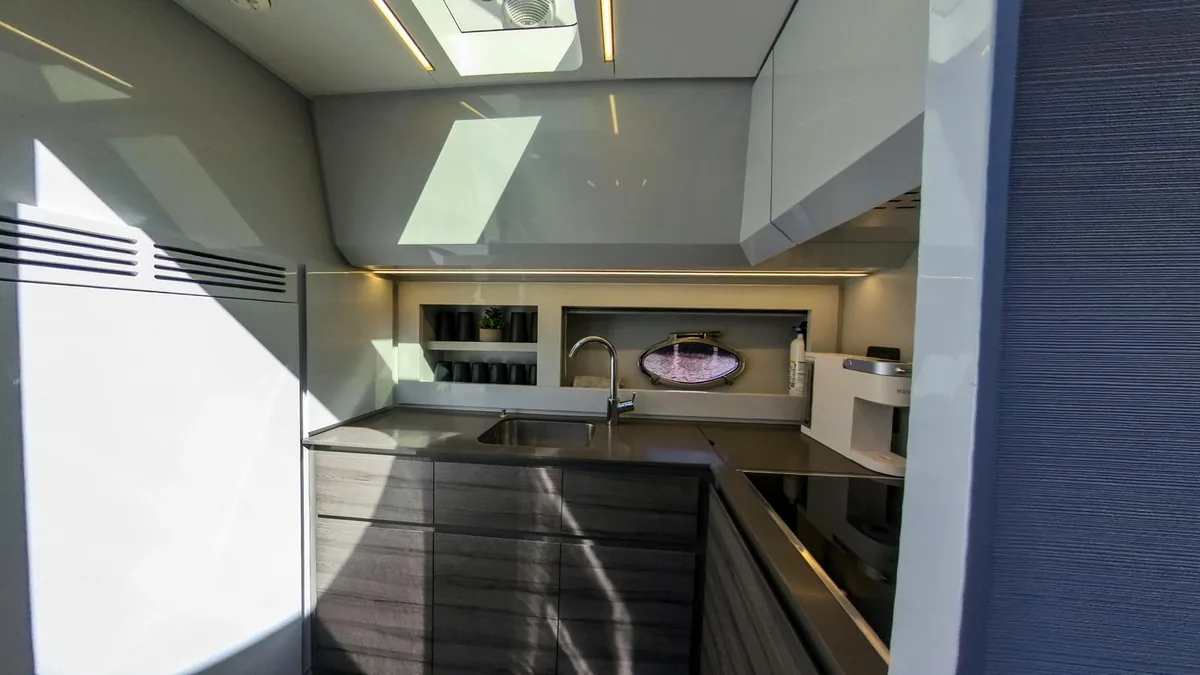 Bow of 62 ft Pershing 2 yacht with Miami skyline view