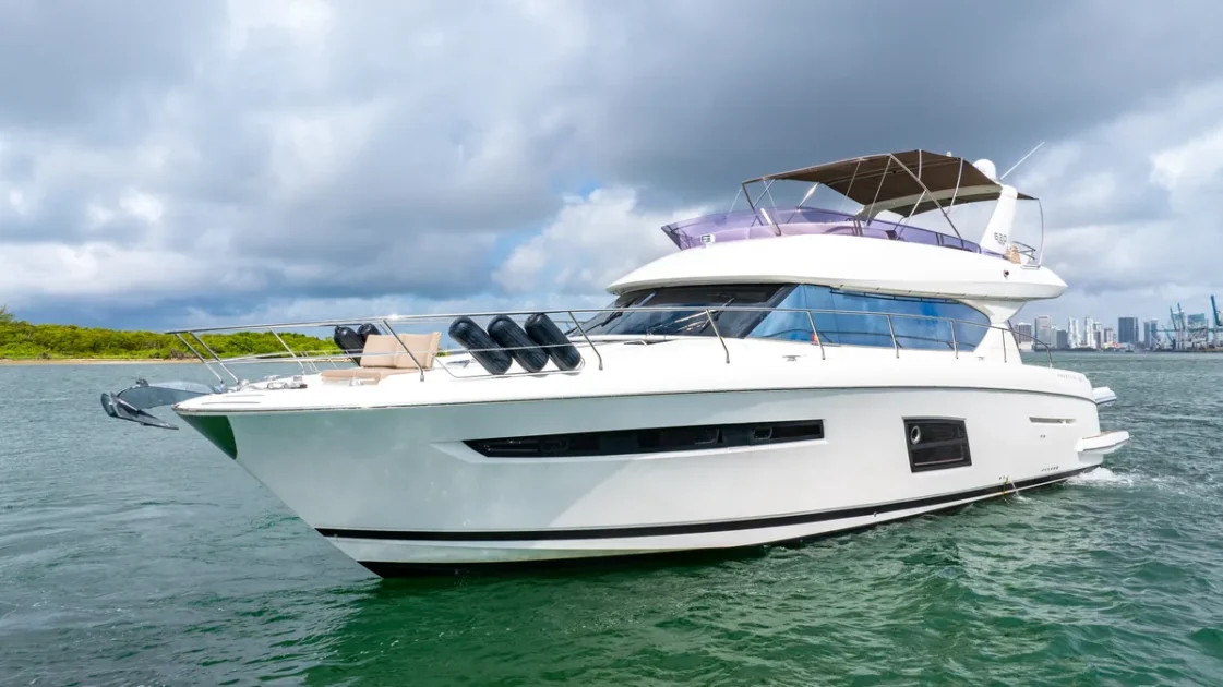 Galley and dining area inside 65 ft Prestige yacht