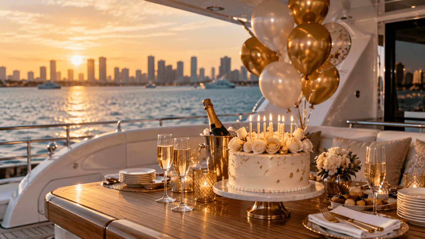 Birthday cake and balloon decorations set out on a yacht deck table at golden hour in Miami