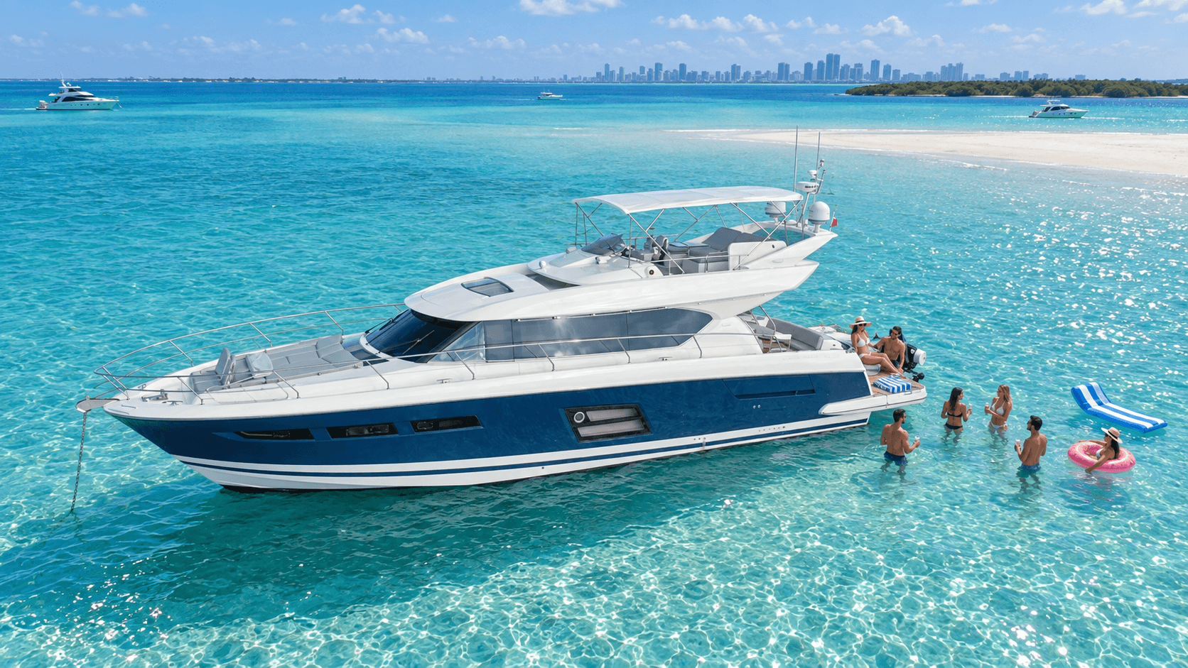 Yacht anchored at a Miami sandbar with guests swimming in shallow turquoise water