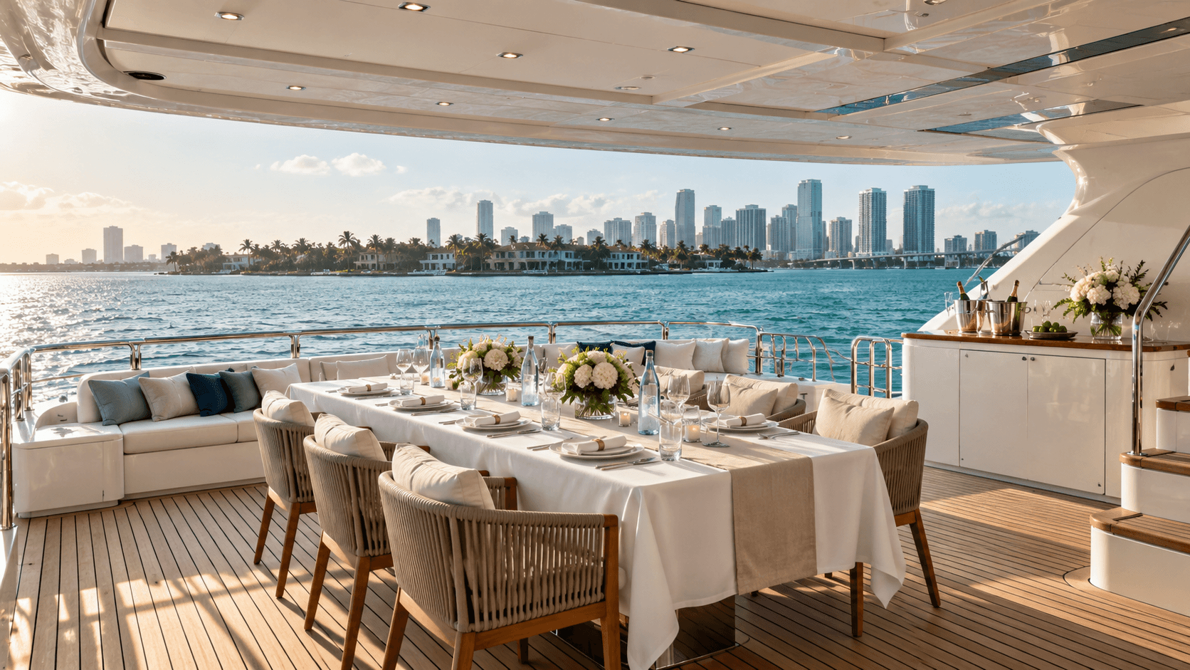 Spacious shaded aft deck of a large motor yacht set up for a corporate event in Miami