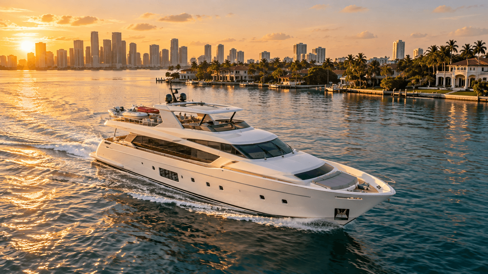Yacht cruising past Star Island and Fisher Island on Biscayne Bay at golden hour