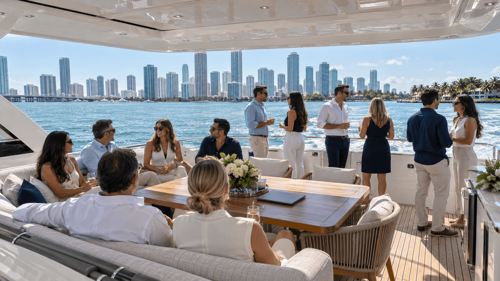 Corporate team on the aft deck of a luxury yacht on Biscayne Bay with the Miami skyline behind