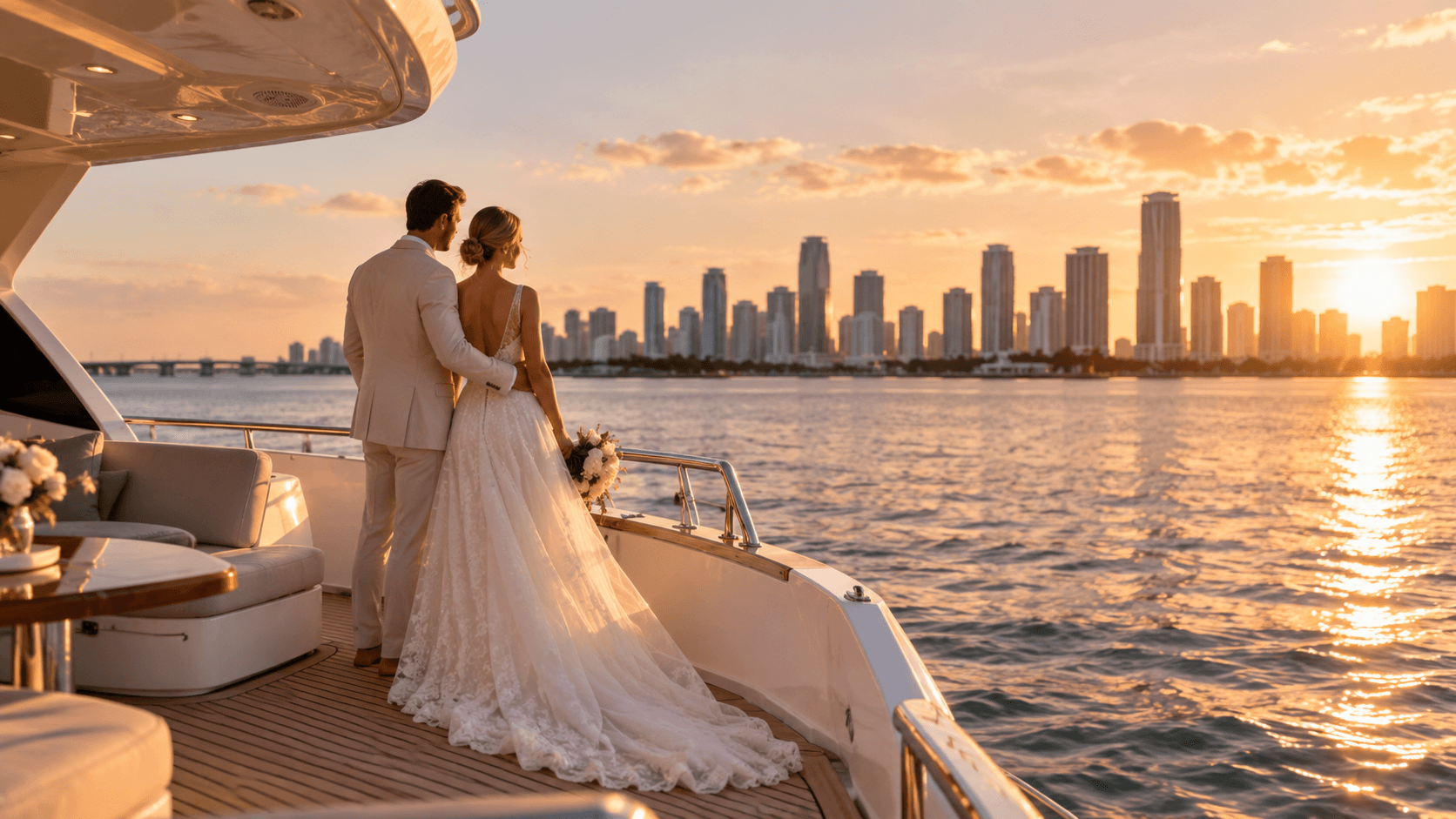 Bride and groom on the deck of a yacht at golden hour with the Miami skyline behind them