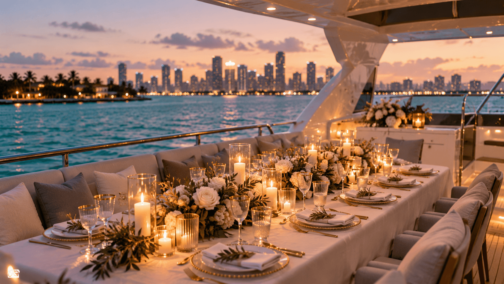 Intimate yacht wedding reception table set with flowers and candles on an open deck in Miami