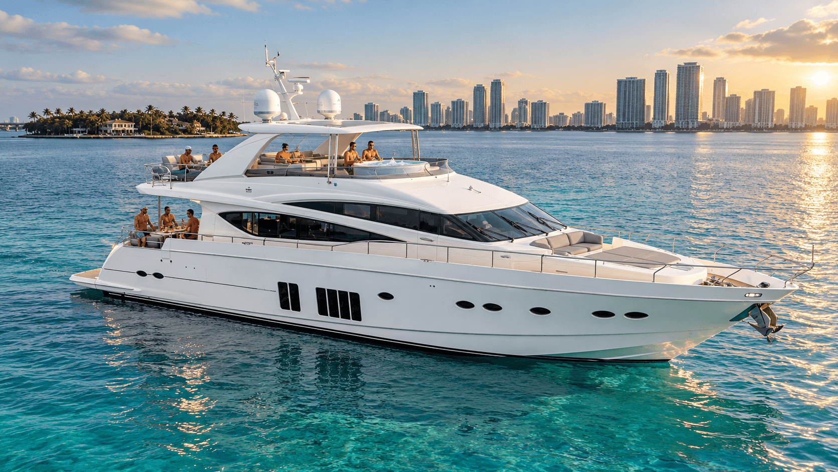 Guests relaxing on the aft deck of a large motor yacht with a jacuzzi, anchored on Biscayne Bay