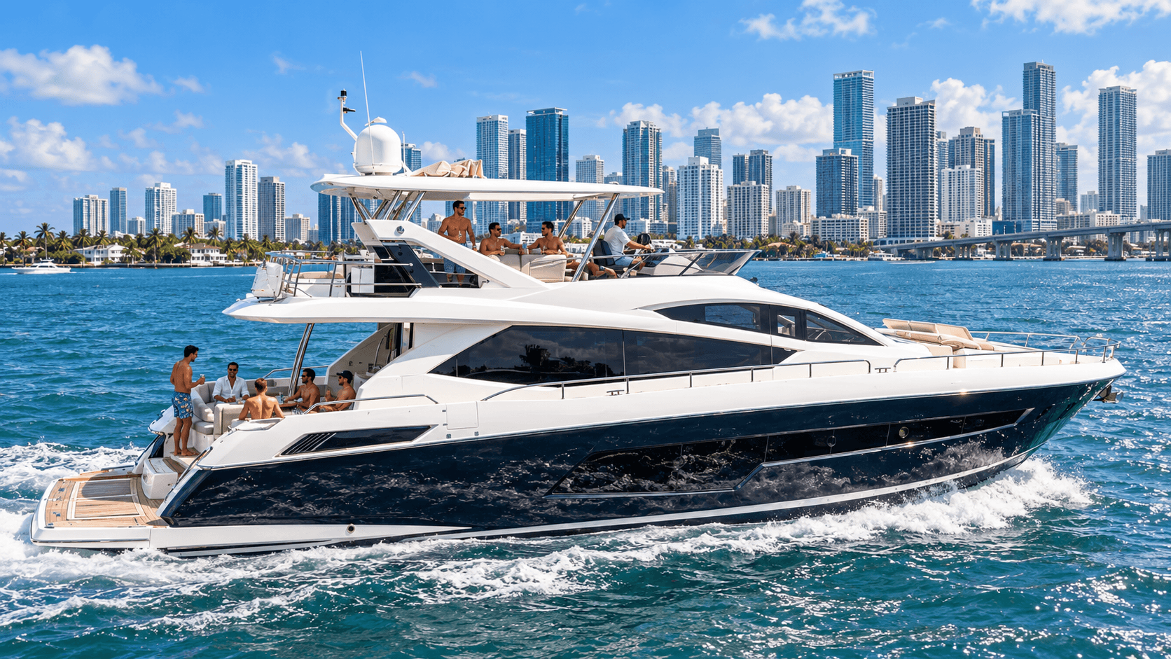 Group of friends on the flybridge of a luxury motor yacht cruising past the Miami skyline