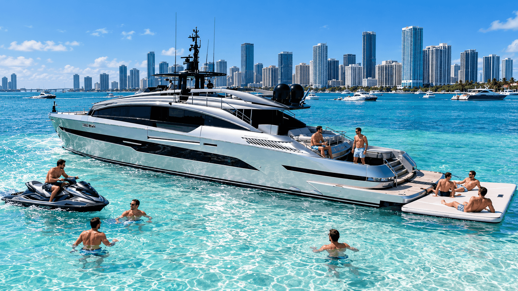 Flagship sport yacht at anchor with a jet ski alongside and guests in the water off the swim platform