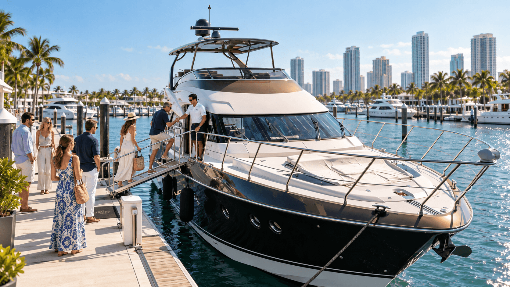 Guests boarding a flybridge motor yacht at a Miami marina dock on a sunny morning