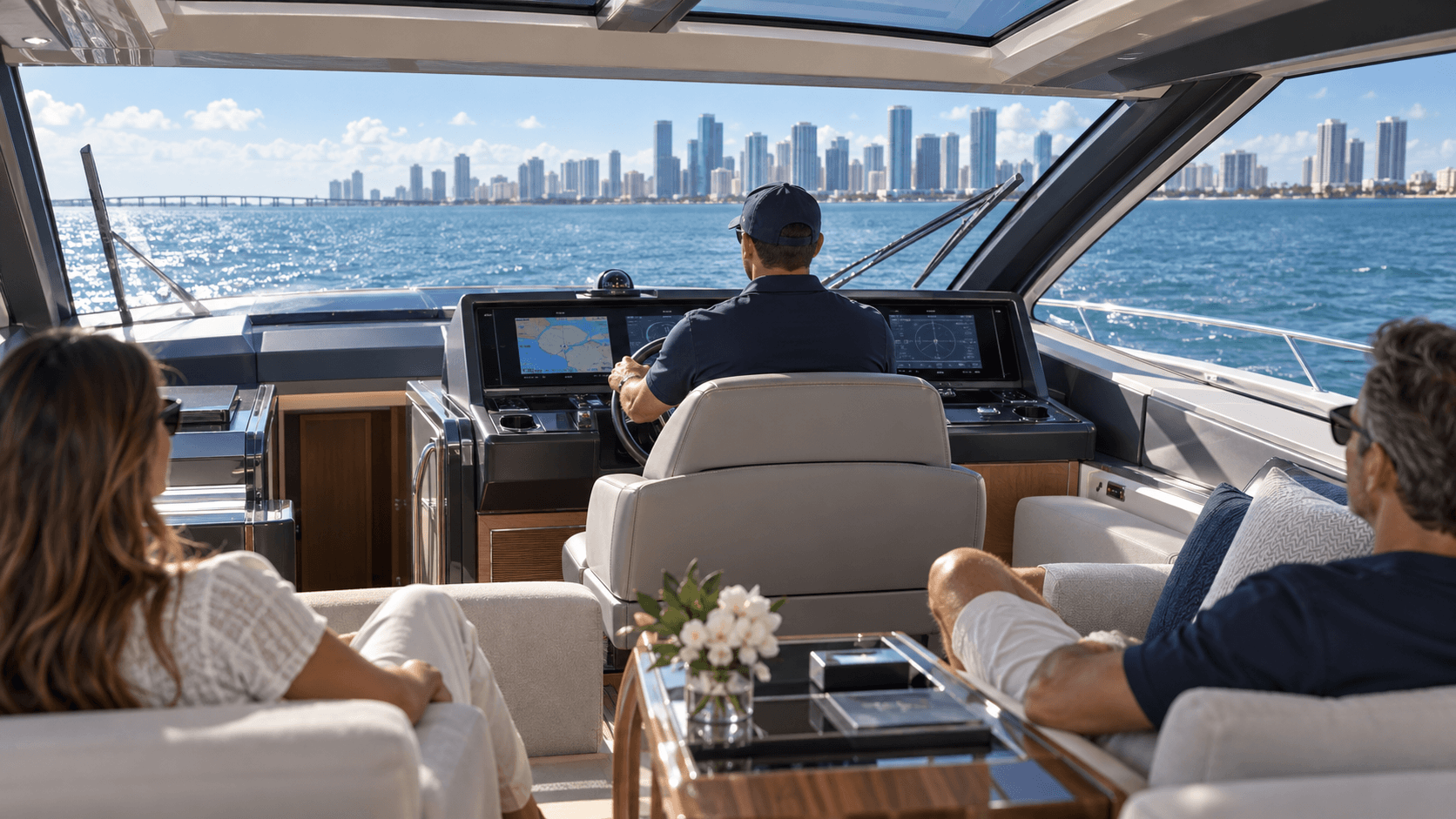 Sport yacht underway on Biscayne Bay with a professional captain at the helm