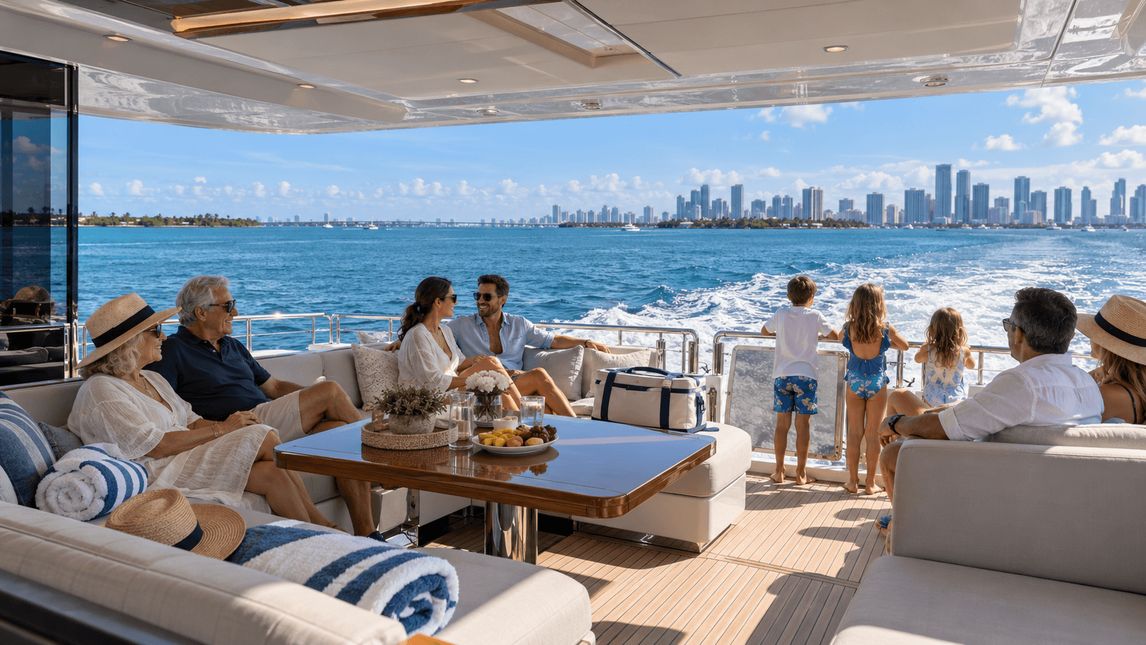 Multi-generational family relaxing on the shaded aft deck of a Miami yacht charter