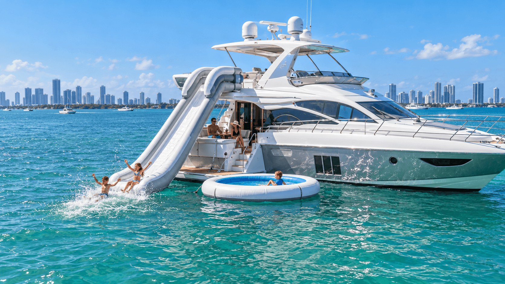 Children using a water slide and inflatable pool off a Miami yacht at anchor