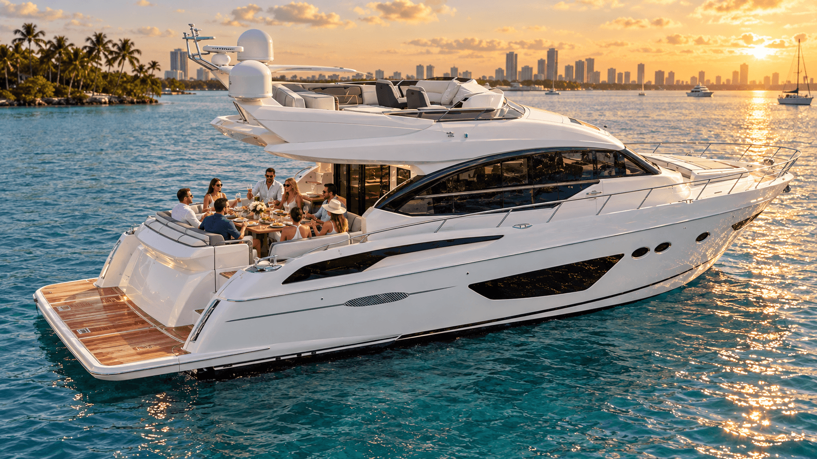 Guests relaxing on the aft deck of a large flybridge yacht anchored in calm turquoise water off Miami