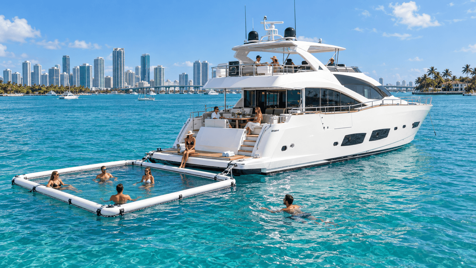 Large luxury yacht with a netted floating pool off the stern anchored in clear water on Biscayne Bay