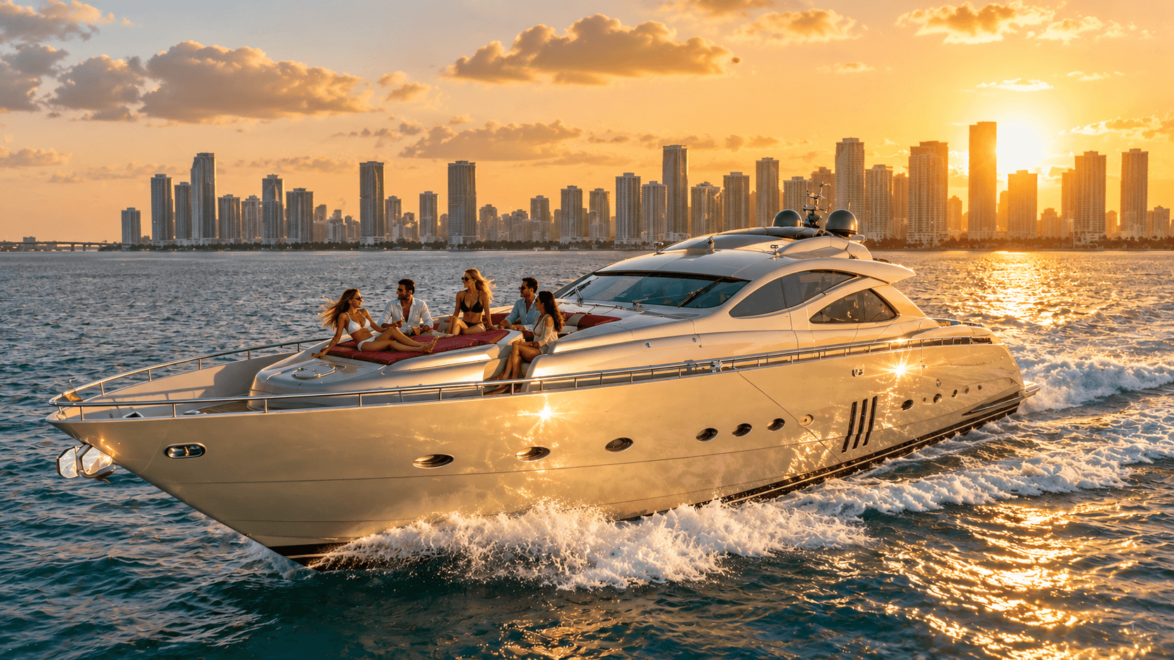 Low sport yacht cruising on Biscayne Bay in warm late afternoon light with the Miami skyline behind