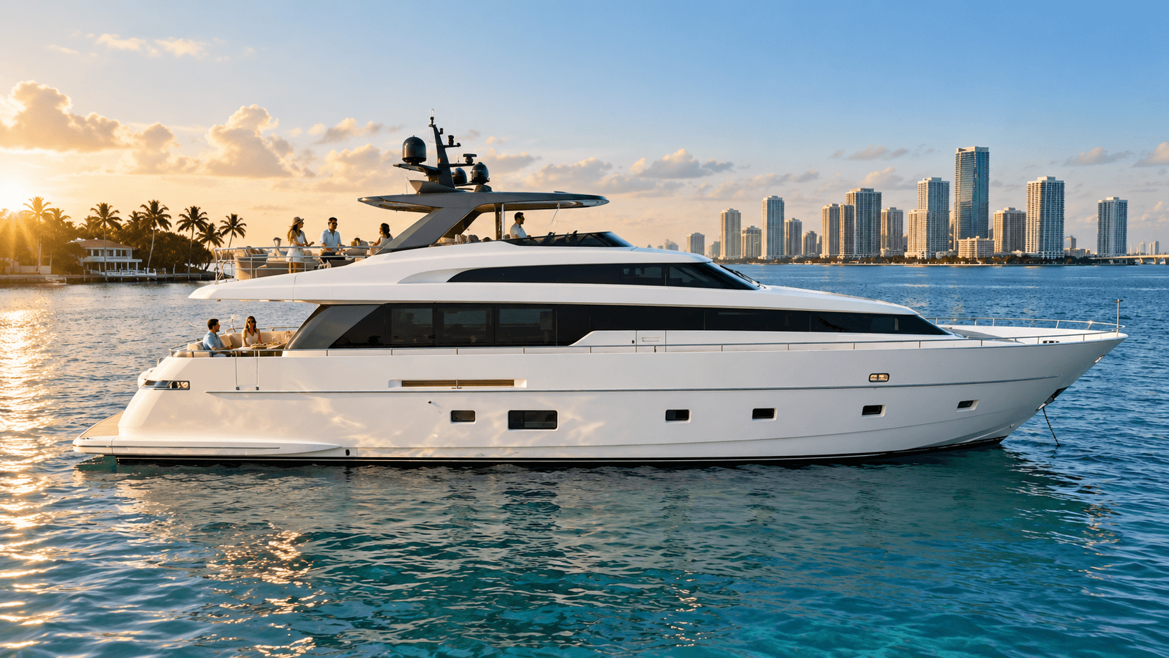Italian superyacht with multiple decks anchored in clear water off Miami in soft morning light