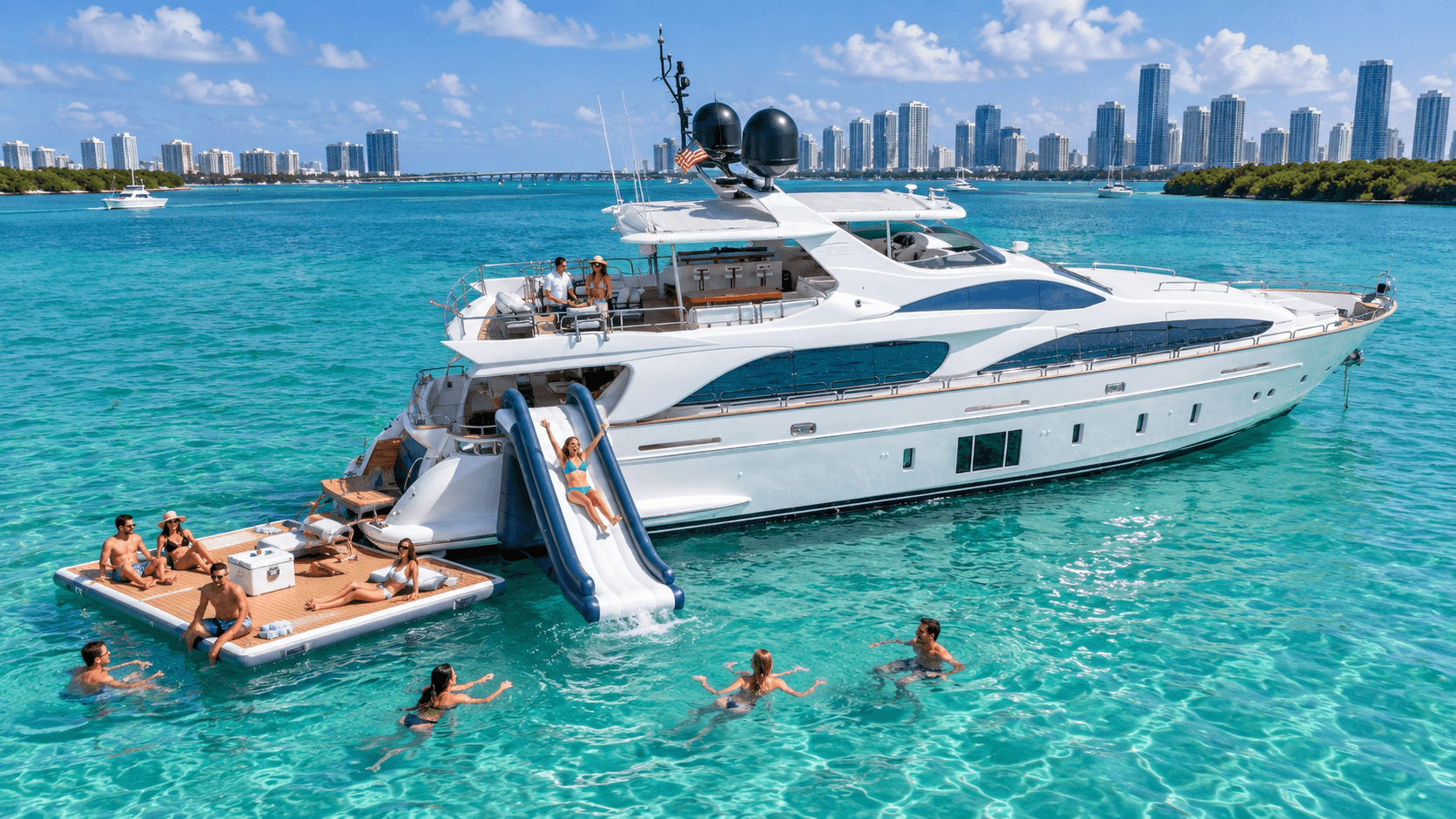 Inflatable floating platform and slide rigged off the stern of a superyacht anchored on Biscayne Bay