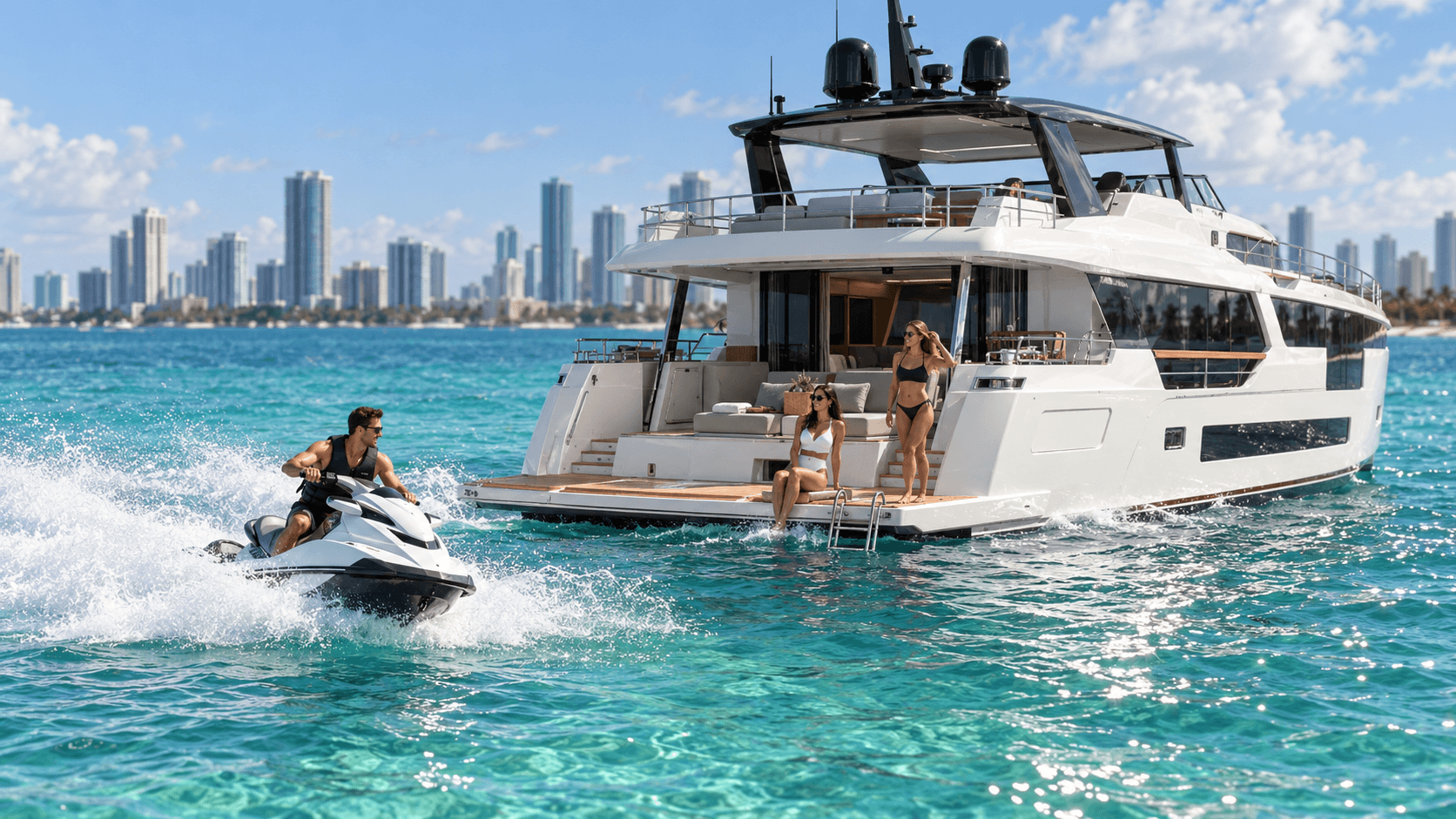 Guest riding a jet ski beside a large motor yacht anchored in turquoise water off Miami Beach