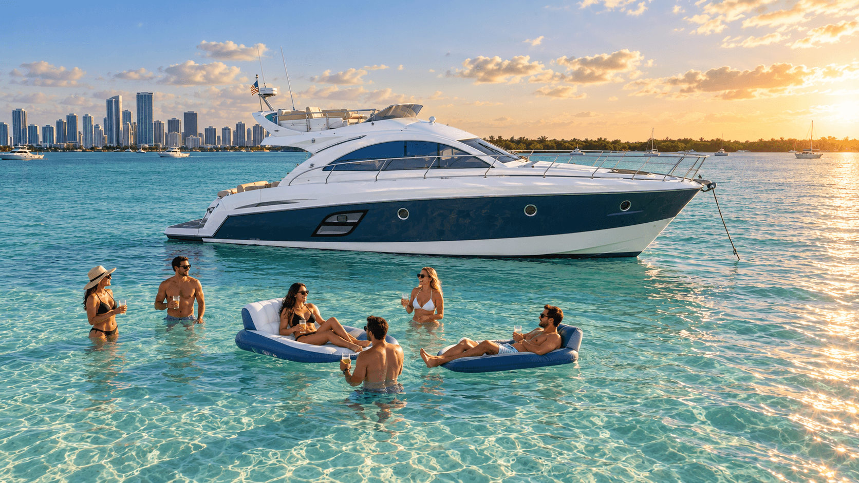 Guests swimming and floating beside a flybridge yacht anchored in shallow water at a Miami sandbar